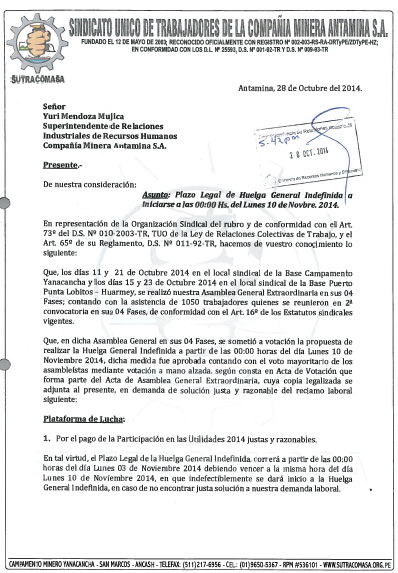 plataforma de lucha huelga Antamina es por la participaci&oacute;n de utilidades 2014