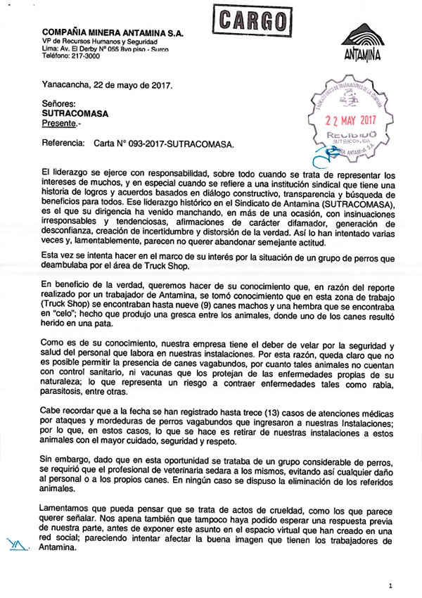 Inexistente caso de crueldad contra los animales: Antamina responde a su sindicato