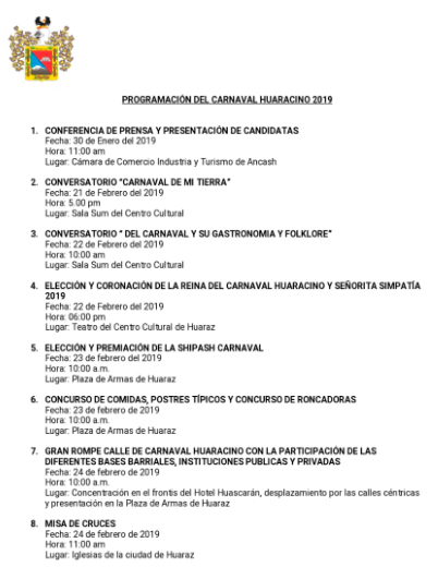 Programación del Carnaval huaracino 2019