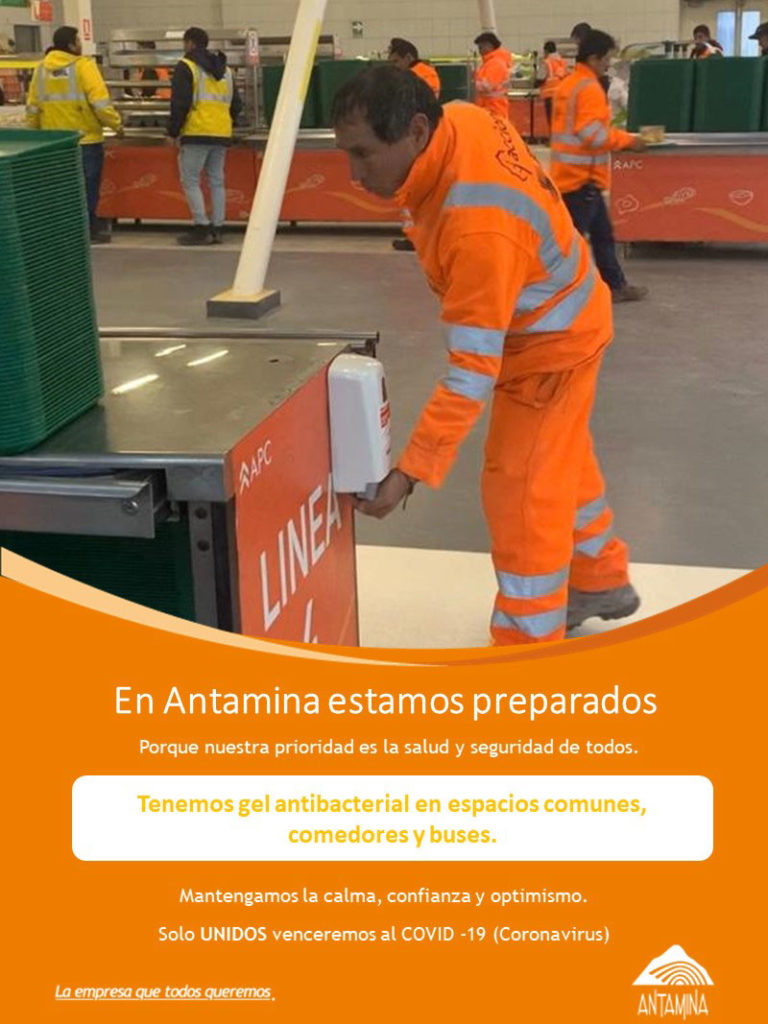 Antamina contra el COVID-19 gel antibacterial en espacios comunes