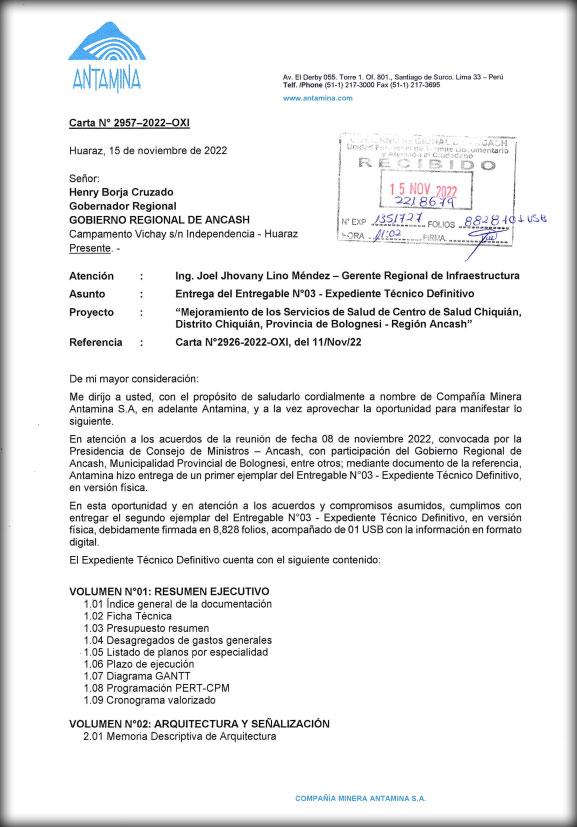Antamina entrega expediente técnico del centro de salud de Chiquián.