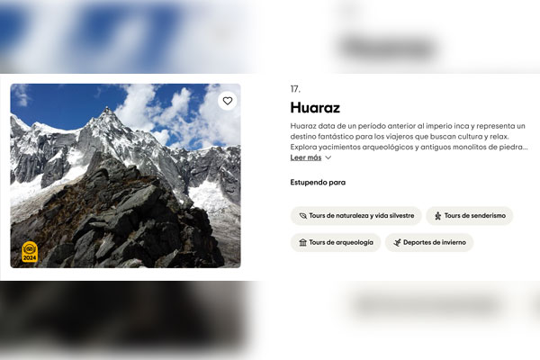 Huaraz reconocido por los Premios Traveller´s Choice Awards